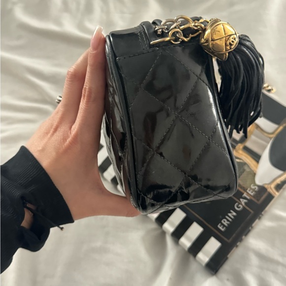 Authentic CHANEL BLACK PATENT SMALL CC TASSEL CAMERA BAG - Picture 3 of 13